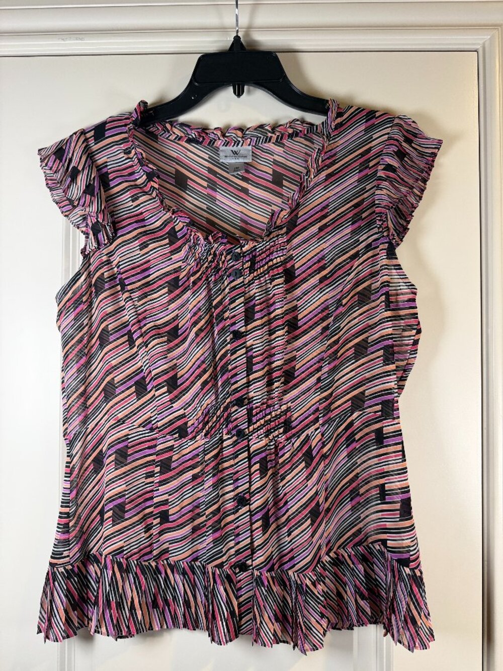 Worthington Black, Pink & Cream Striped Ruffle Sleeve Sheer Blouse - Petite Med
